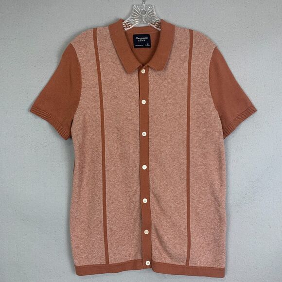 Abercrombie & Fitch Men’s Knit Polo Shirt Medium Retro Button Up Rust Brown Tan - Picture 1 of 7
